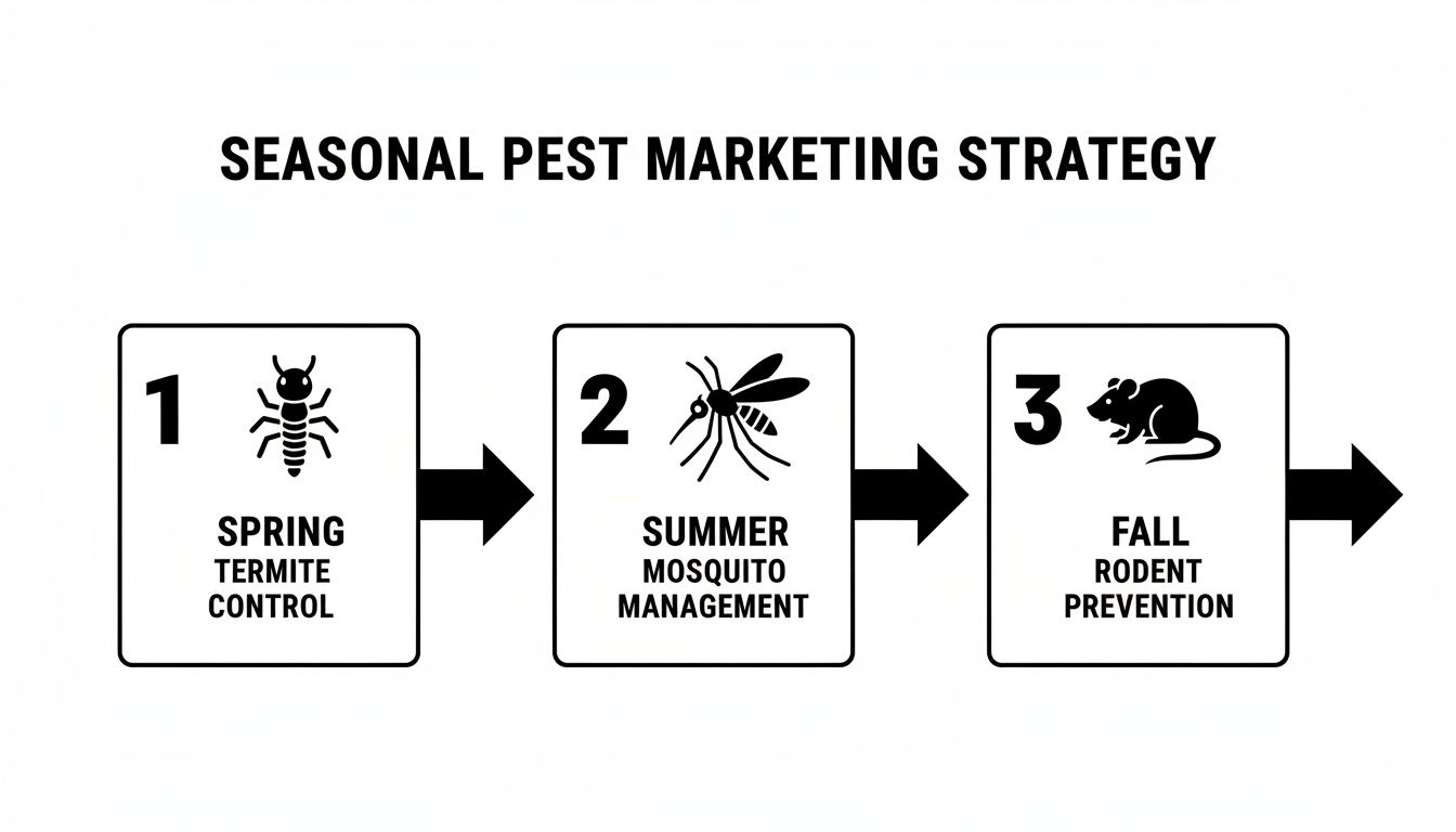 A seasonal pest marketing strategy diagram showing spring termite control, summer mosquito management, and fall rodent prevention.