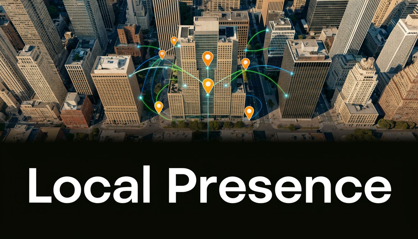 A high-angle view of a city skyline with interconnected digital location pins representing a local business presence.