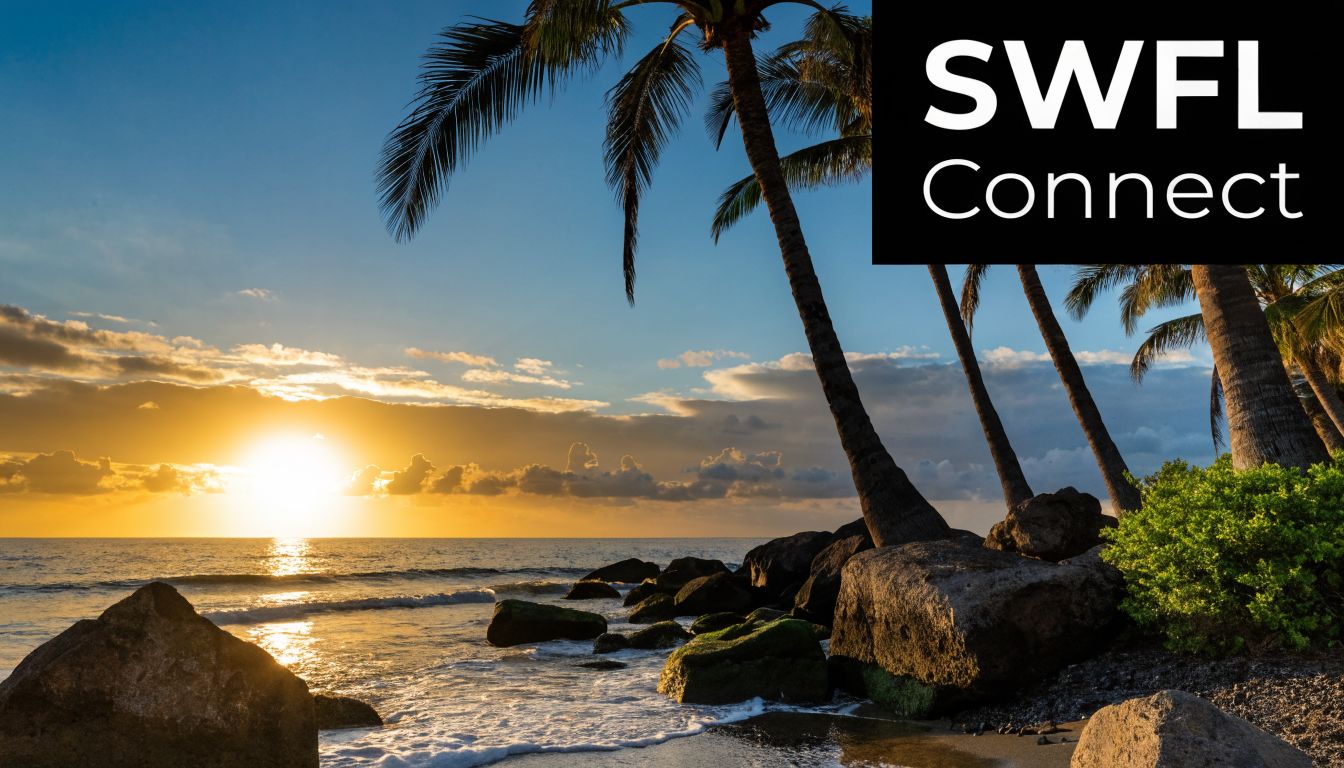 A beautiful sunset over the ocean with palm trees on a rocky beach, SWFL Connect logo visible.