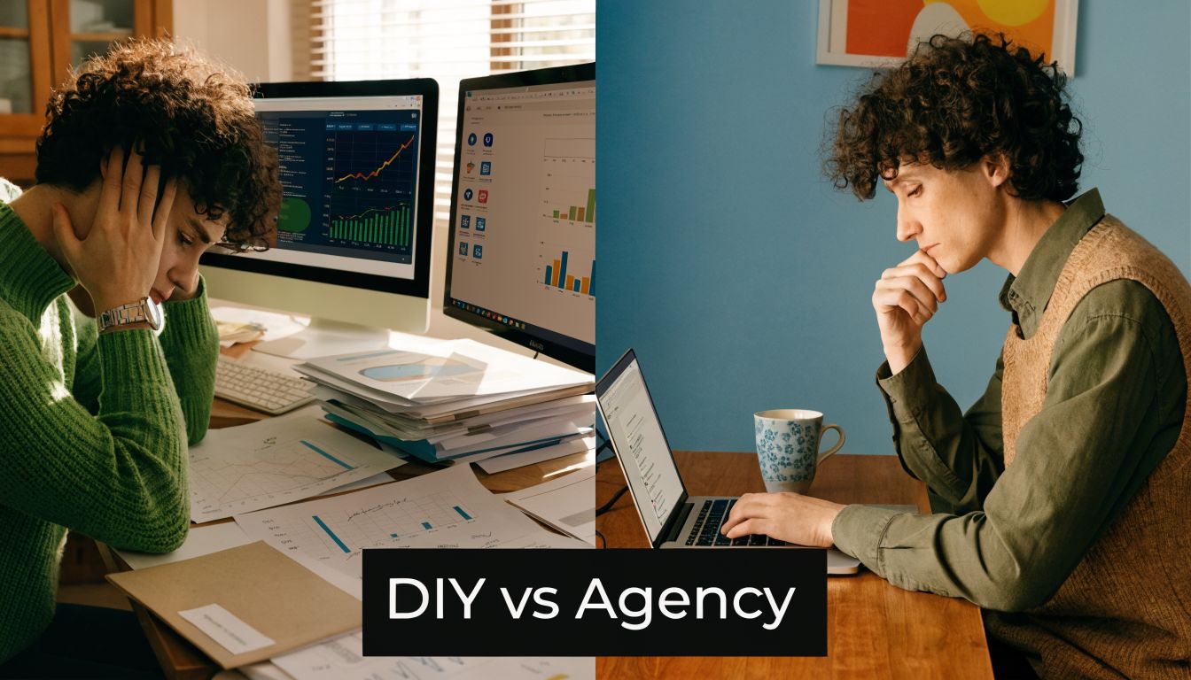 A split image contrasting a stressed person doing DIY work versus a focused person using agency services.