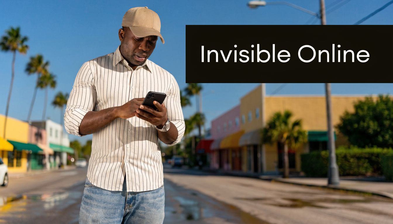 A man in a striped shirt using his smartphone outdoors in a sunny suburban street setting.