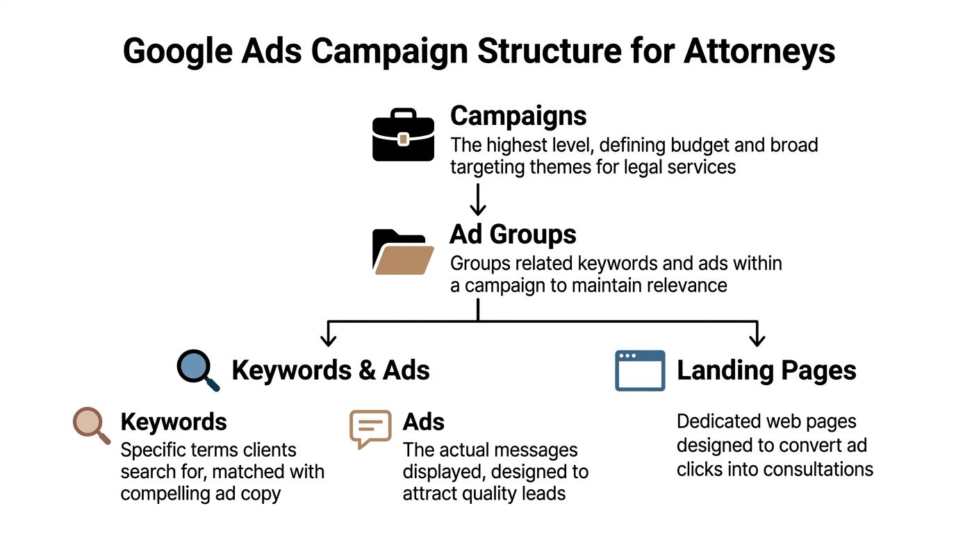 A hierarchical flowchart explaining the Google Ads campaign structure, including campaigns, ad groups, keywords, and landing pages.