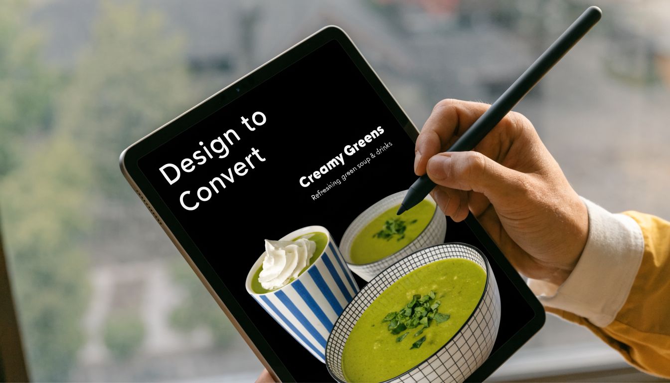 A person using a stylus to draw a design for a green soup brand on a tablet.