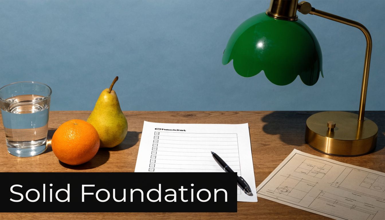 A wooden desk with a lamp, a glass of water, fruit, a checklist, and architectural blueprints.