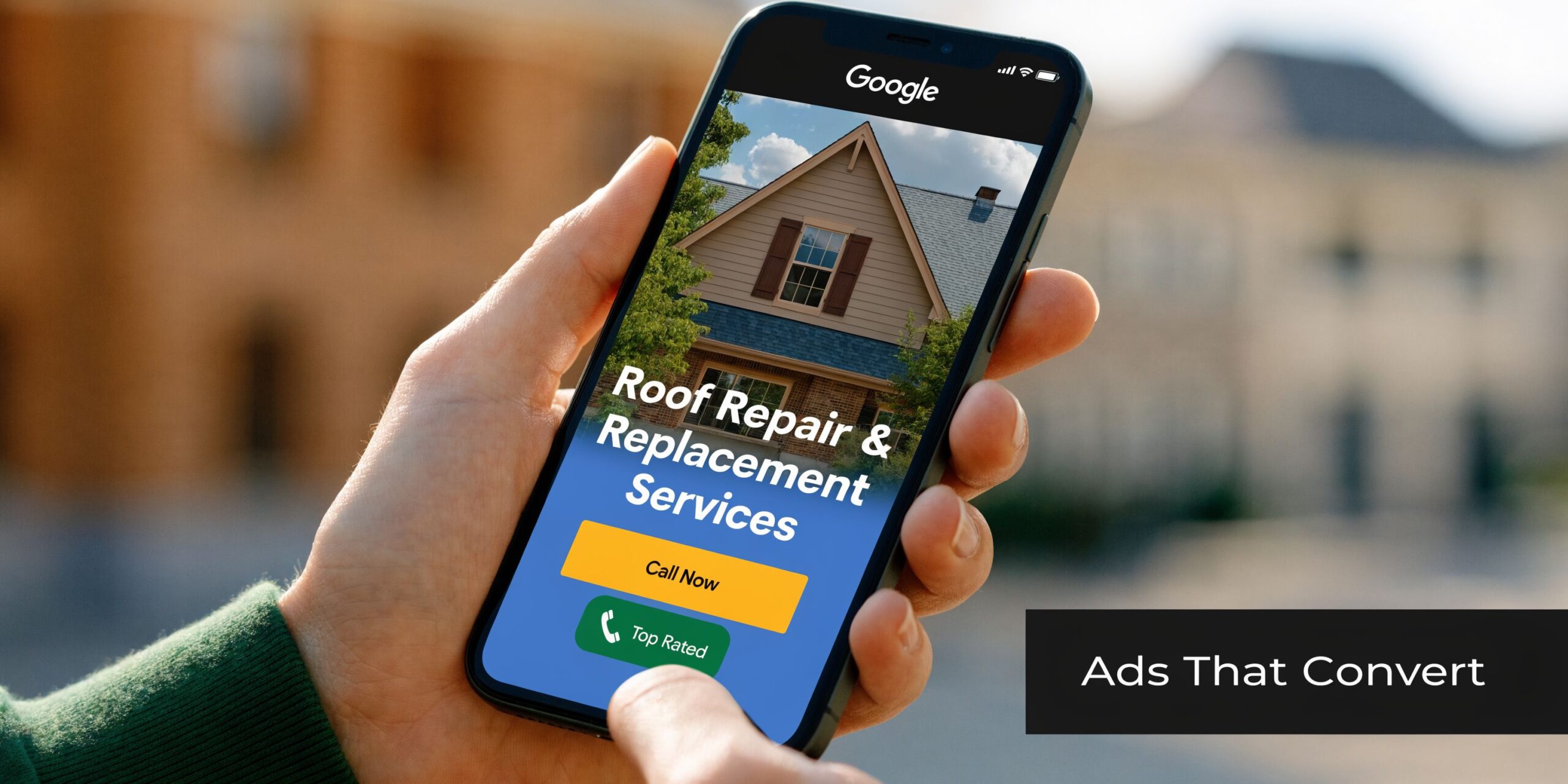 A hand holding a smartphone displaying a Google mobile ad for professional residential roof repair and replacement services.