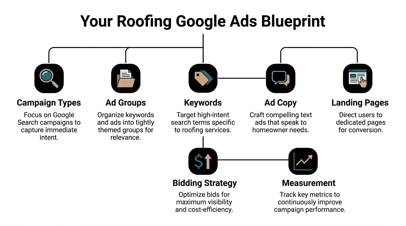 A diagram outlining the key components for a successful Google Ads strategy for roofing companies.
