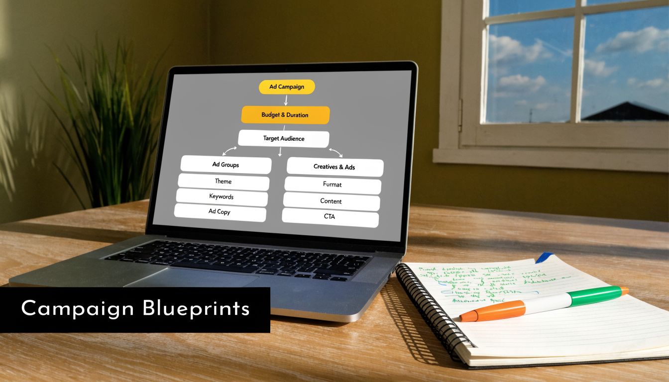 A laptop screen displaying a flowchart outlining the key components for planning a digital advertising campaign.