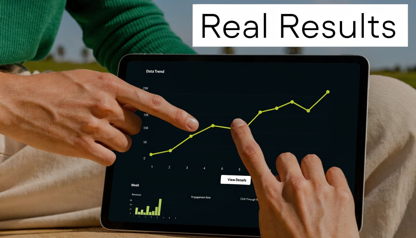 Two people pointing at a digital tablet screen showing business data trends and engagement analytics.