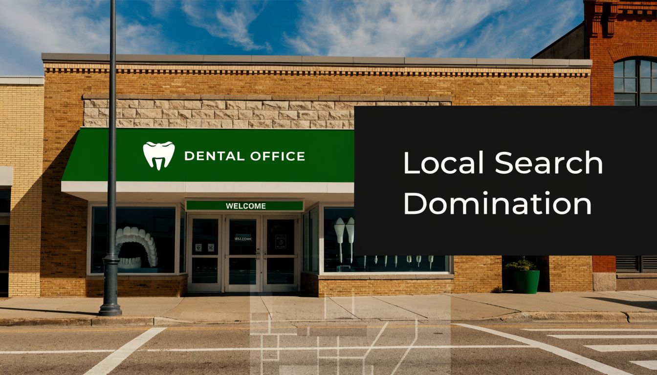 A dental office storefront on a brick building with a sign that reads Local Search Domination.