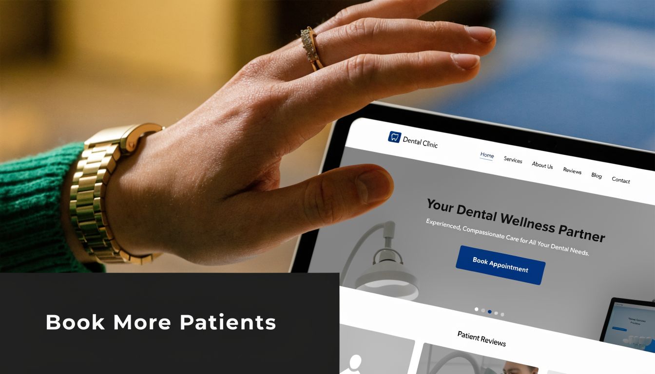 A hand using a digital tablet to view a professional dental clinic website for booking appointments.