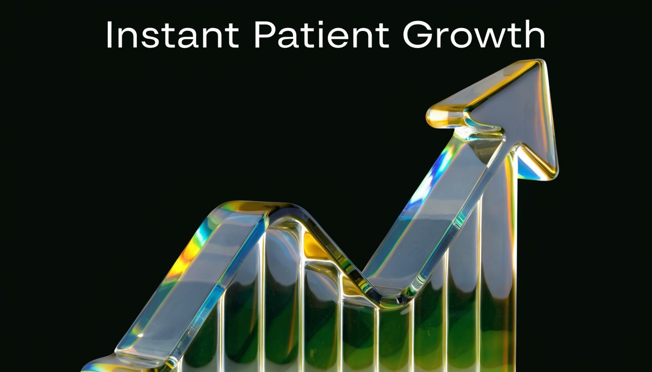 A glass graph rising upward, symbolizing rapid growth in dental patient acquisition on a black background.