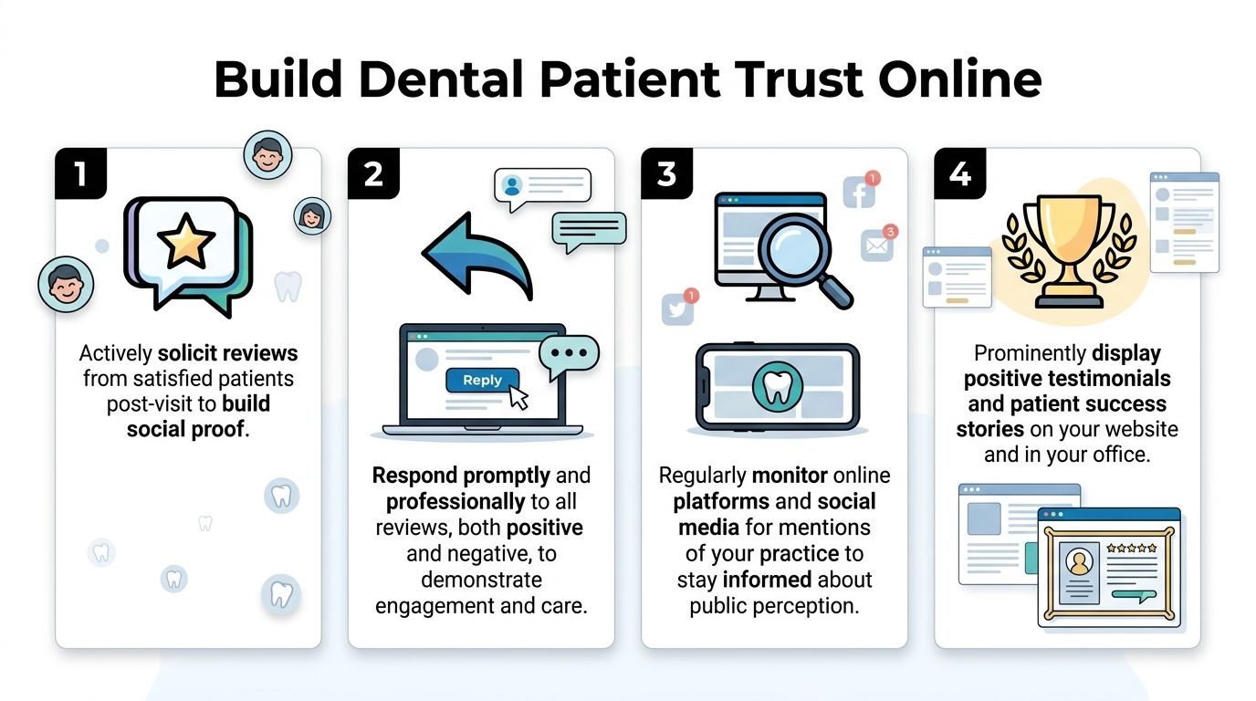 A four-step infographic illustrating strategies for dentists to build patient trust through online reviews and testimonials.
