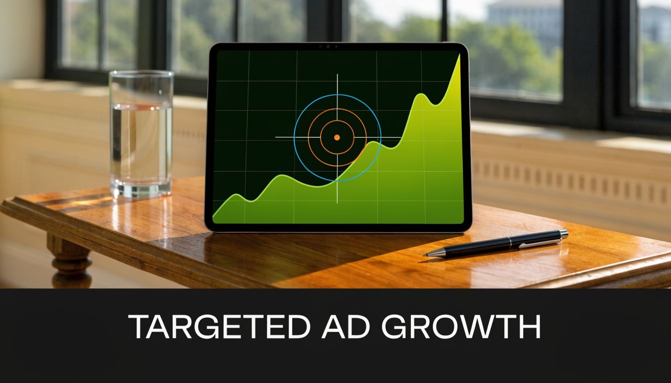 A digital tablet displaying a rising green growth chart with a target icon on a wooden desk.