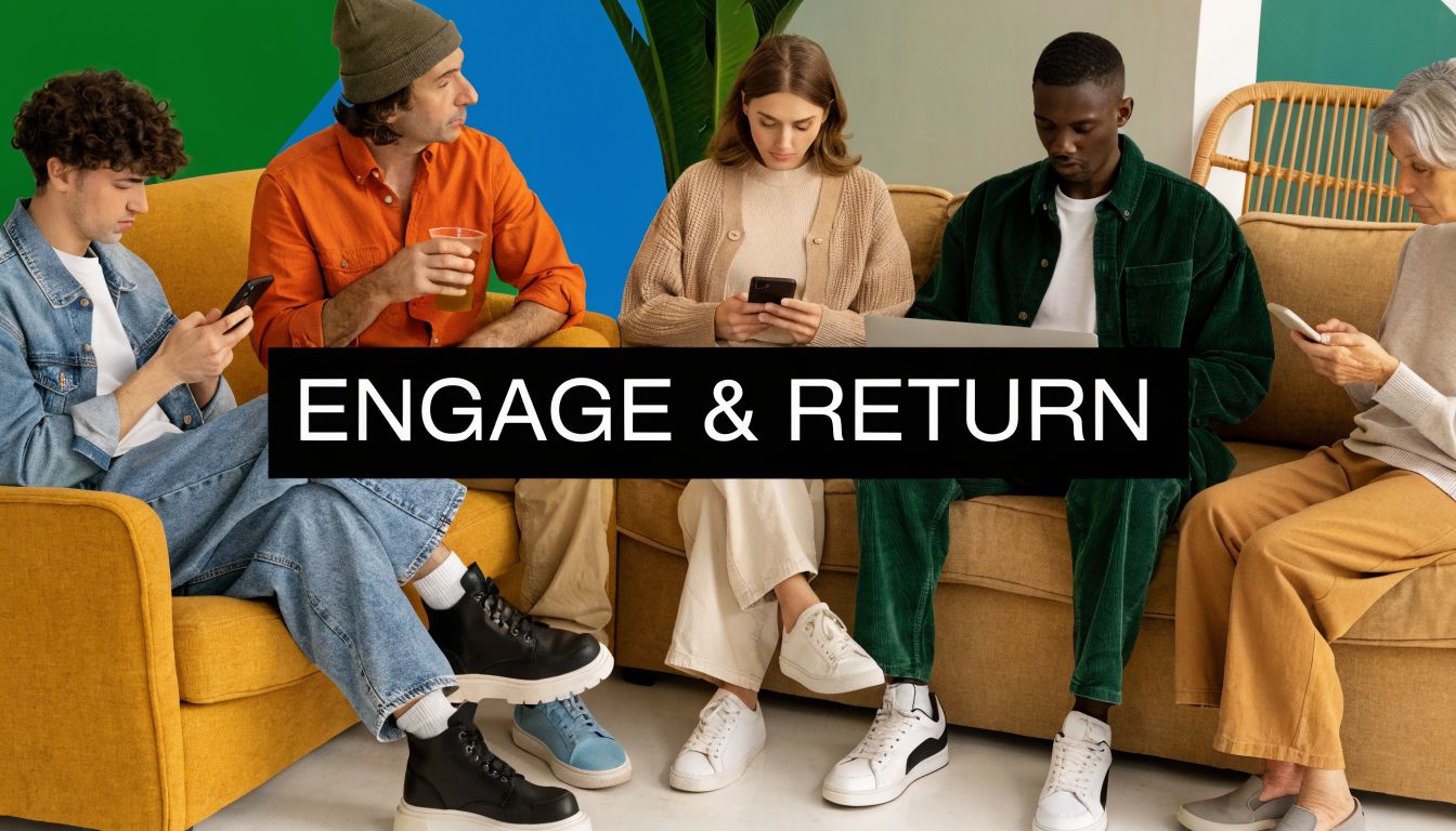 A diverse group of five people sitting on sofas while focused on their individual mobile devices and laptops.