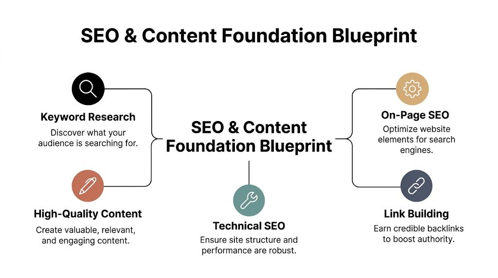 A diagram illustrating the four foundational pillars of SEO and content strategy for digital marketing success.