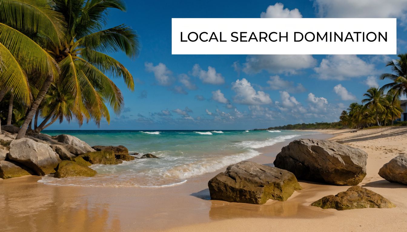 A serene tropical beach with palm trees and large rocks along the shoreline under a sunny sky.