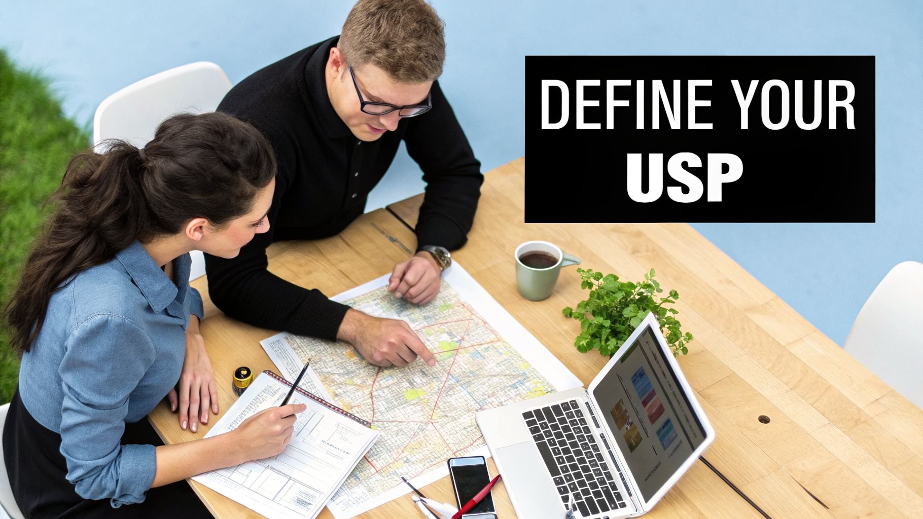 Two people discuss a map and documents at a wooden table with a laptop, coffee, and plant.