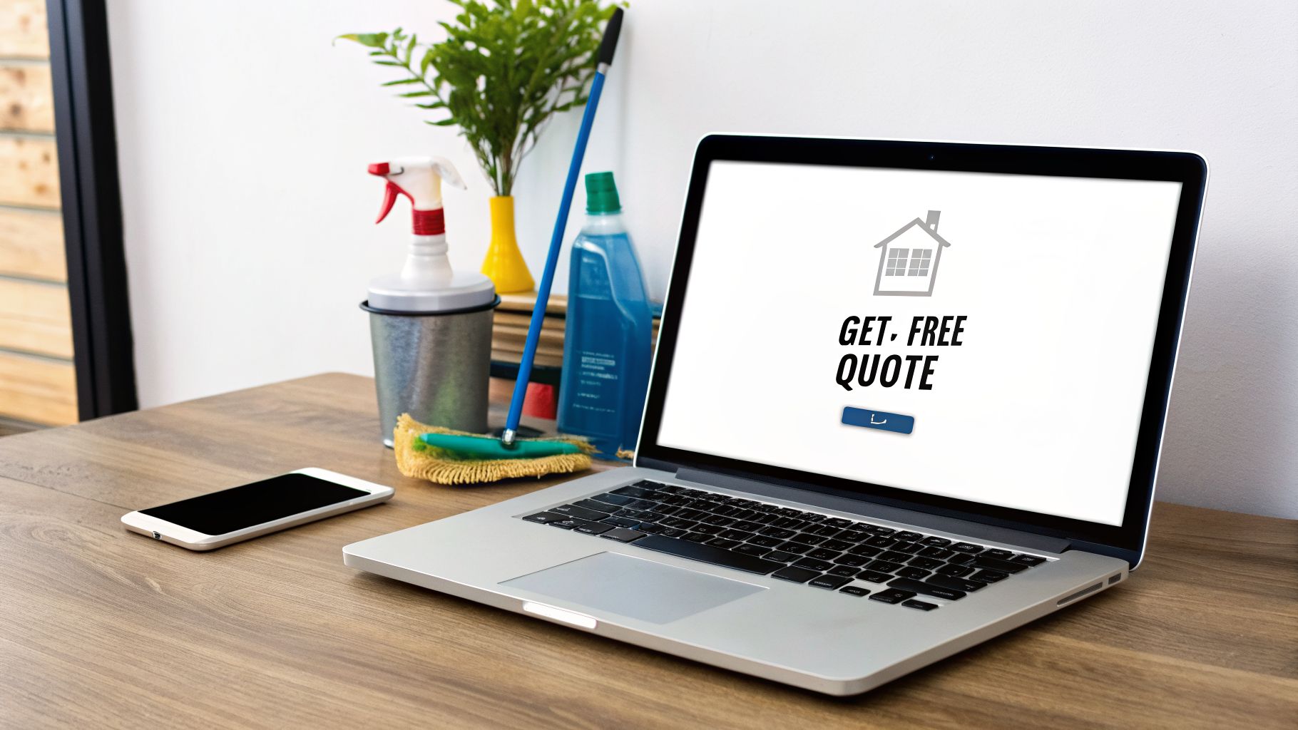A laptop displaying a 'GET FREE QUOTE' screen for cleaning services, surrounded by cleaning supplies.