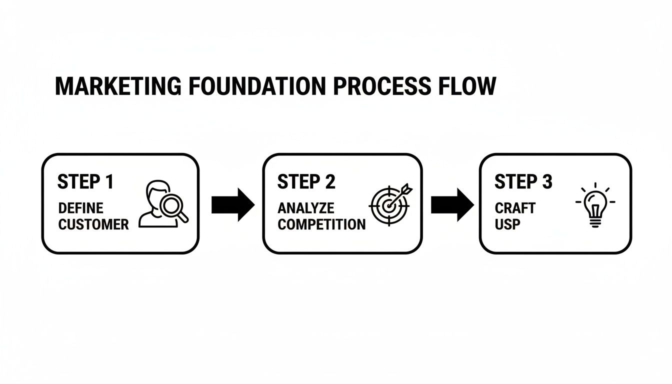 A marketing foundation process flow illustrating three steps: define customer, analyze competition, and craft USP.