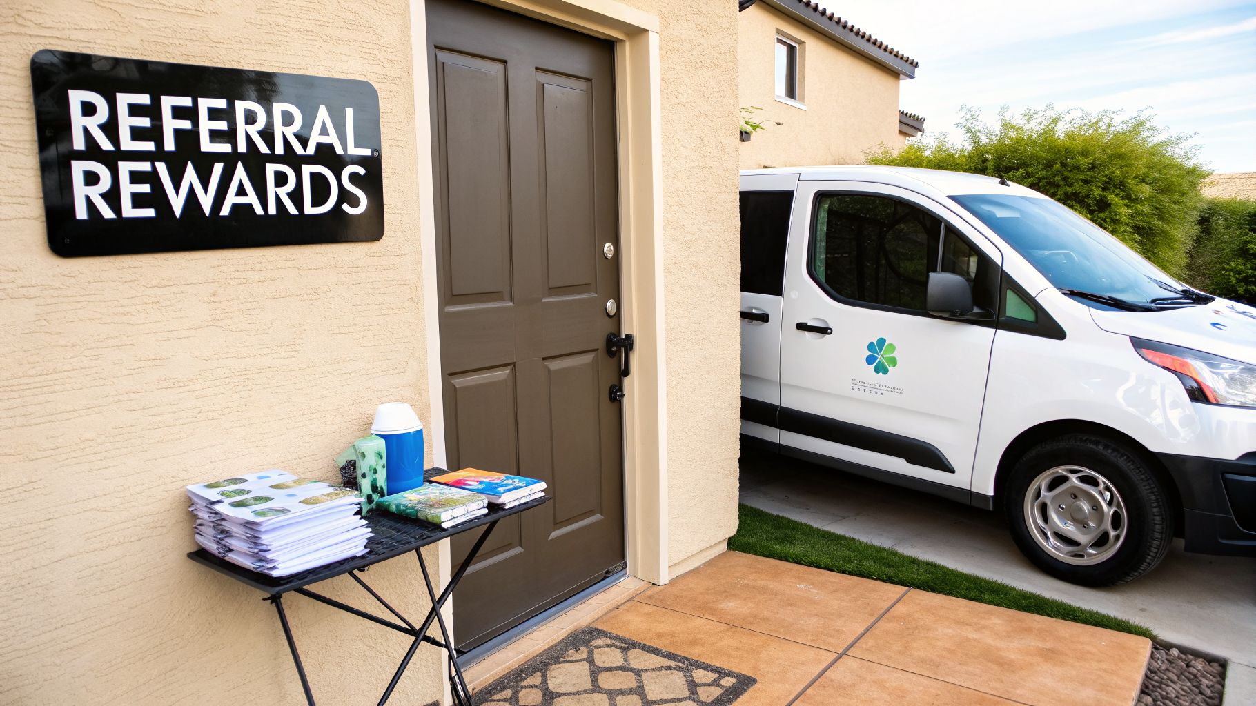 Exterior view of a building with a 'REFERRAL REWARDS' sign, marketing brochures, and a branded service van.