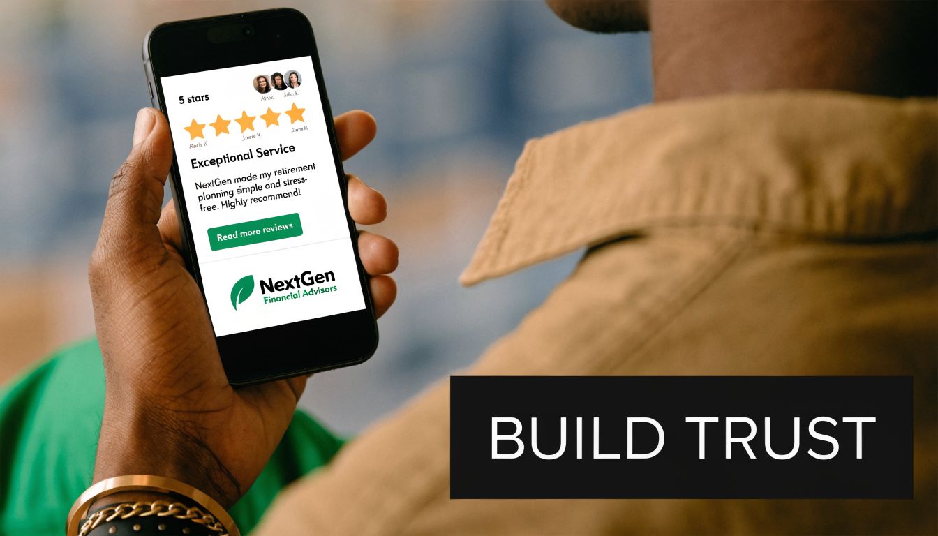 A person holding a smartphone displaying a five-star review for NextGen Financial Advisors to build trust.