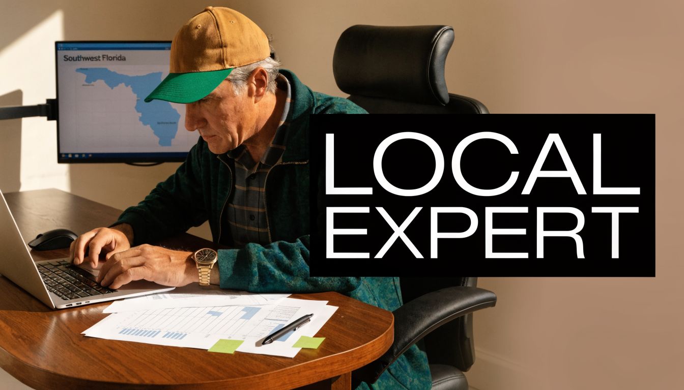 A professional man wearing a hat works on a laptop with maps and charts on his desk.