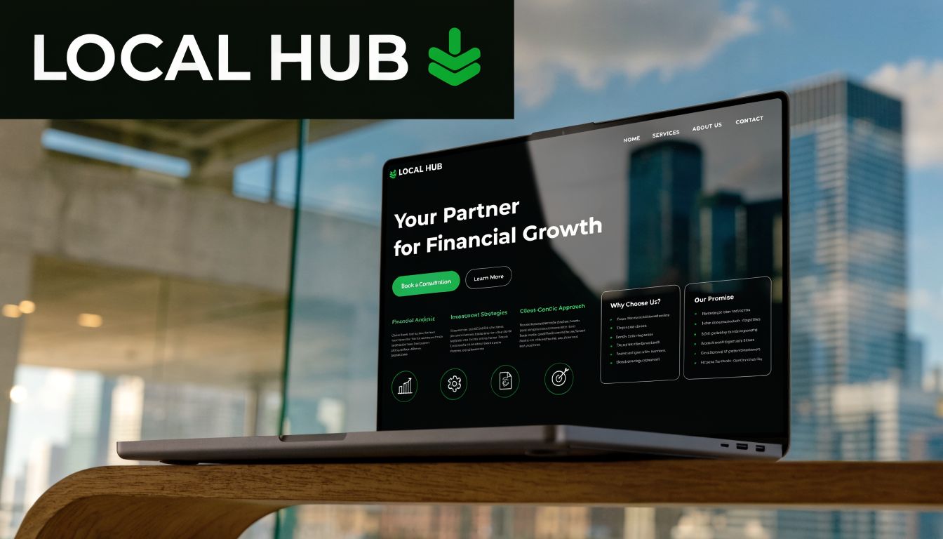 A laptop on a wooden desk displaying a professional website for Local Hub financial advisory services.
