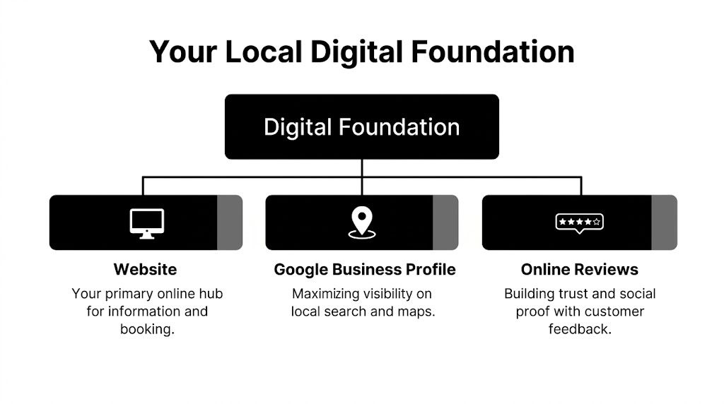 A diagram illustrating the three core pillars of a local digital foundation: website, Google business profile, and reviews.