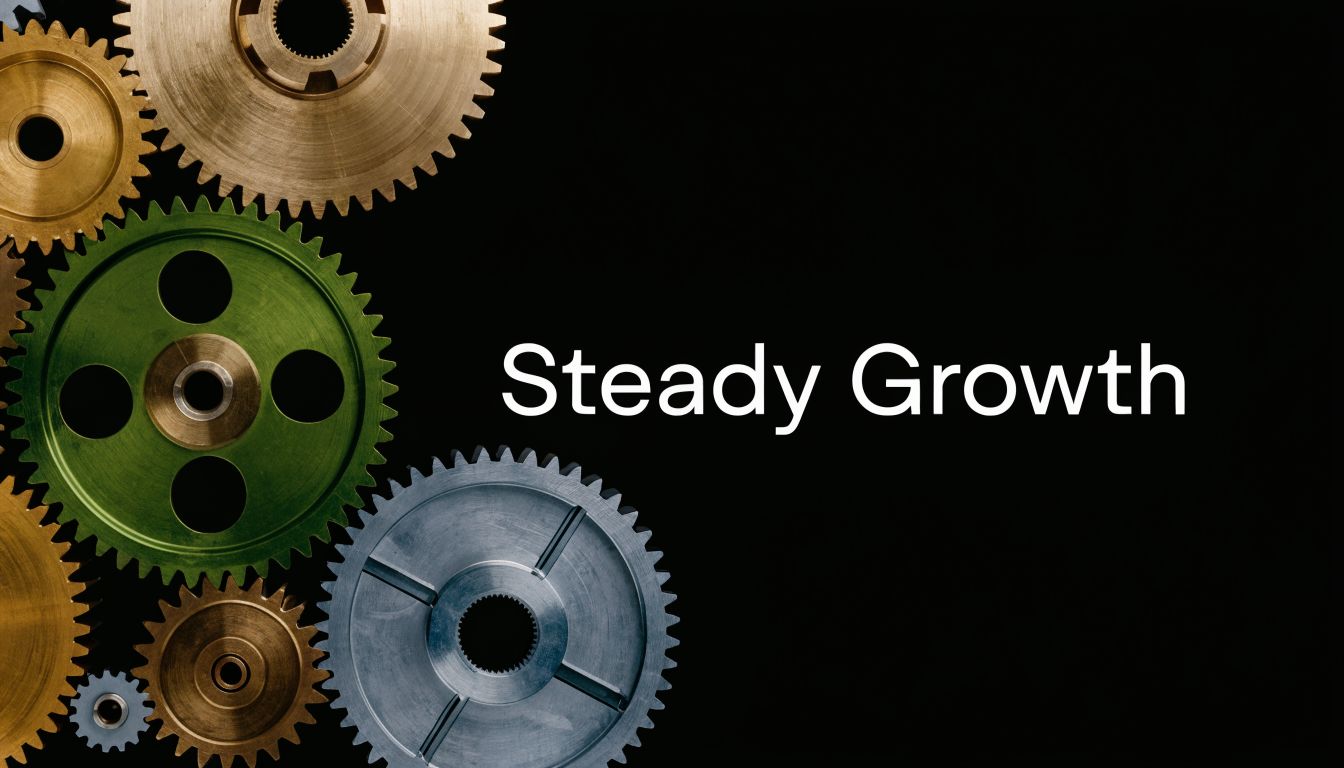 A conceptual image featuring various metallic gears on a black background next to the words Steady Growth.