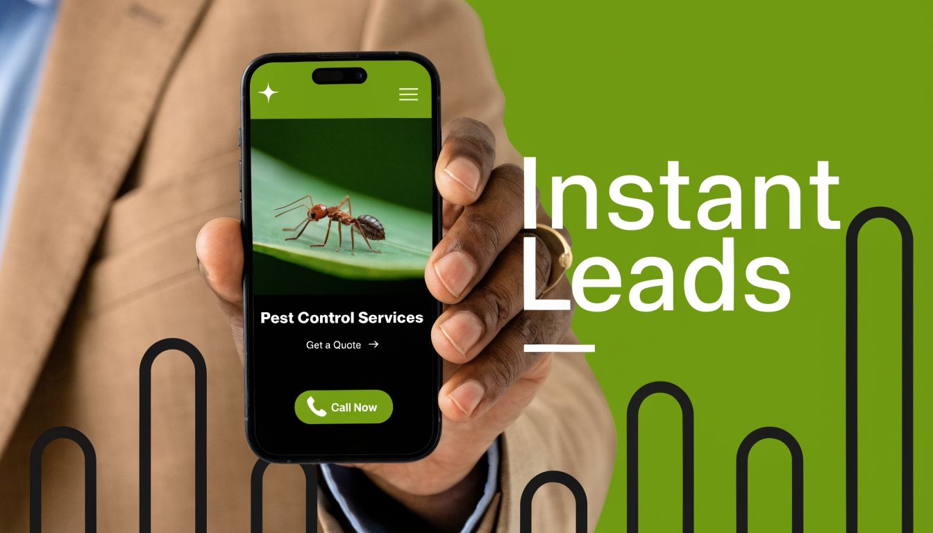 A professional holding a smartphone displaying a pest control service app interface with an ant image.
