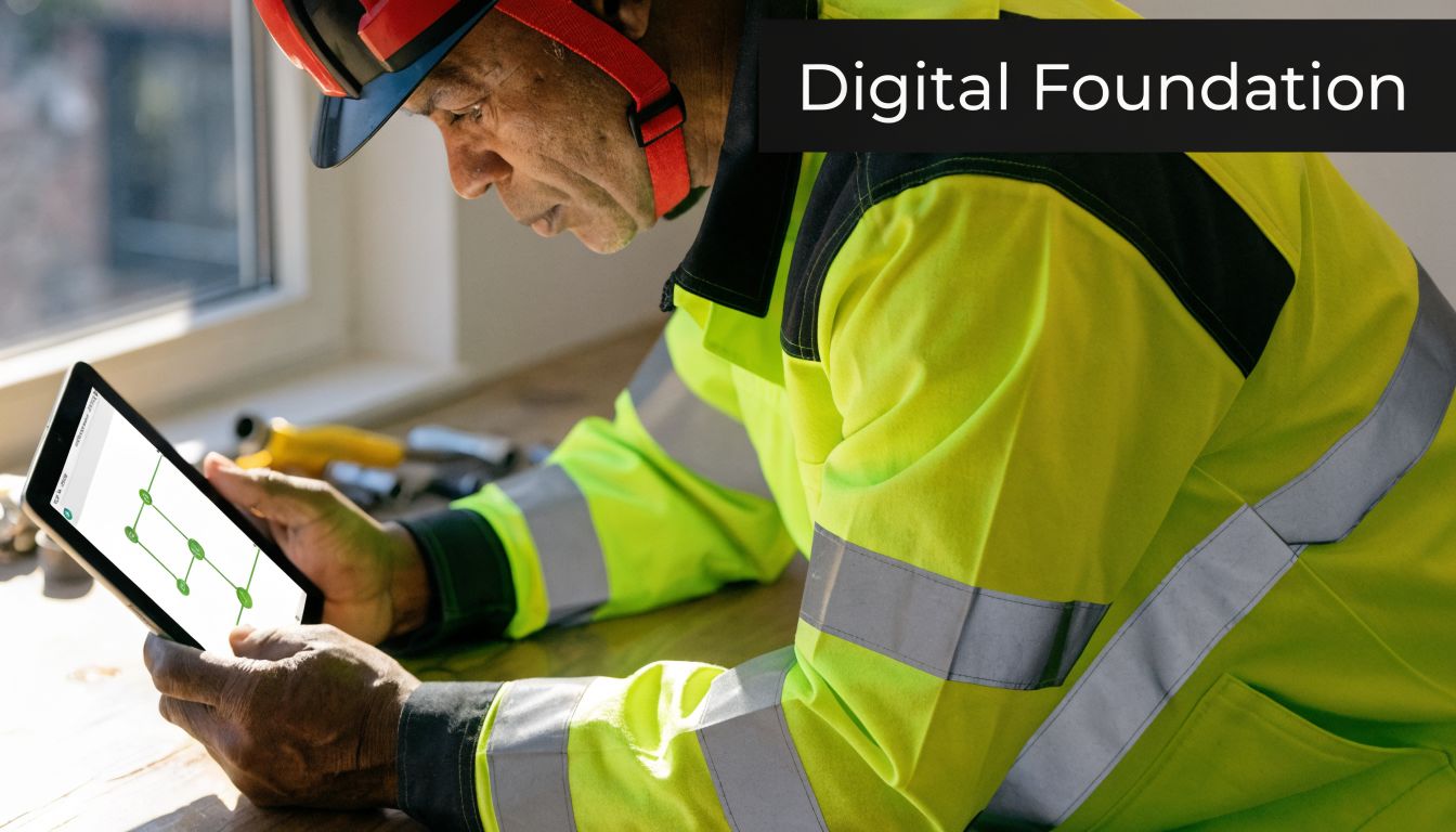 A construction worker in a high-visibility yellow jacket using a tablet to inspect a digital plan.