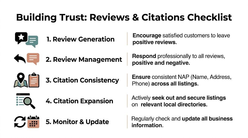 A checklist graphic illustrating five key steps for managing business reviews and citations to build trust.
