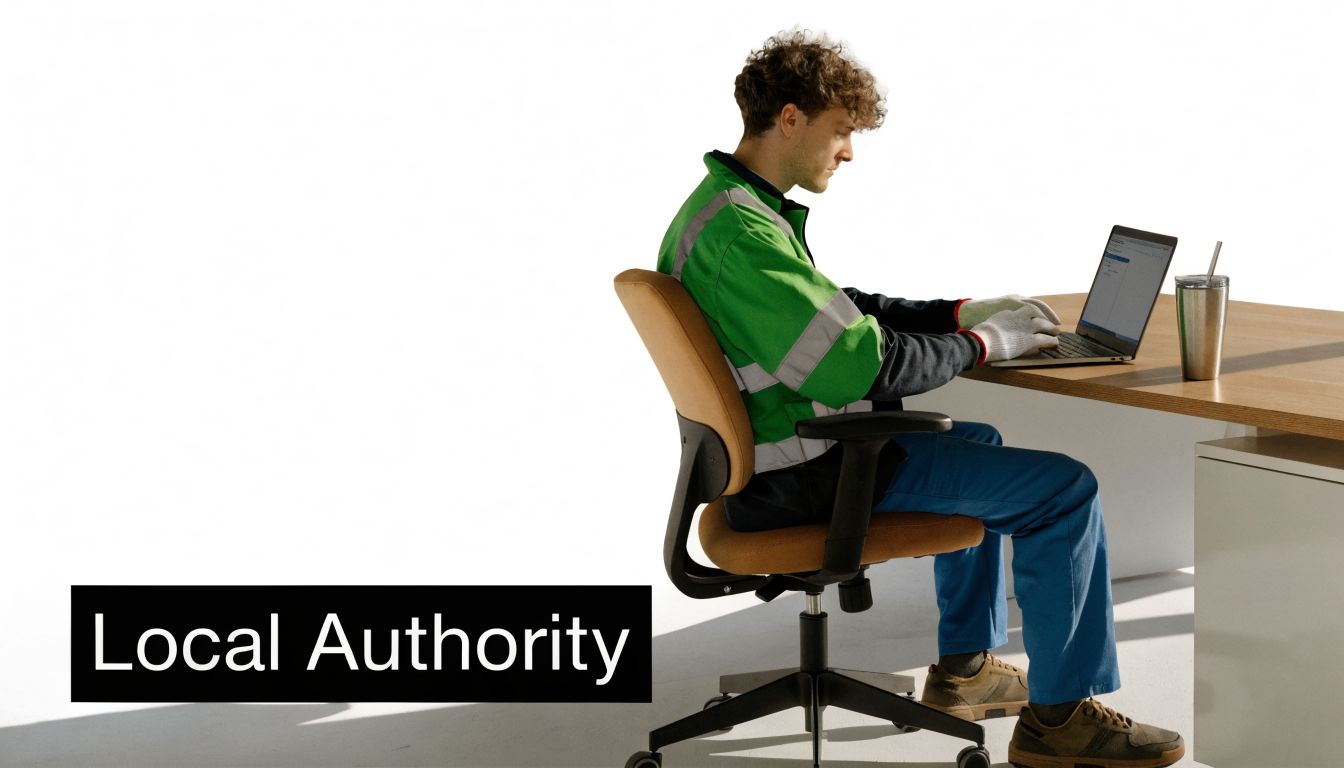 A male worker in high-visibility clothing sitting at a desk and working on a laptop computer.
