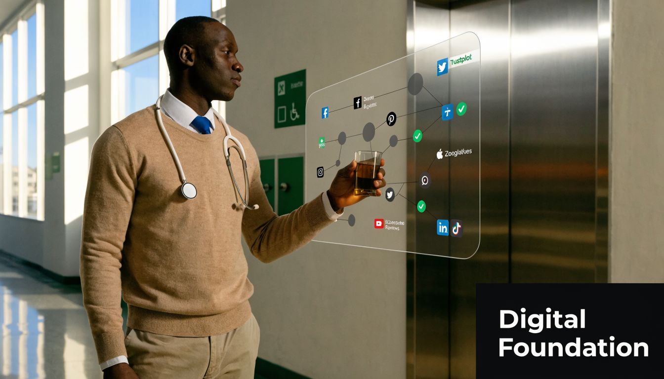 A doctor in a hospital hallway interacting with a digital holographic network display about brand reputation management.