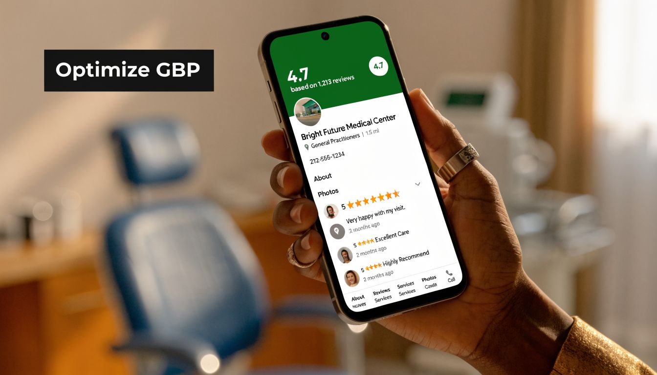 A hand holding a smartphone showing a medical center business profile page with ratings and reviews.