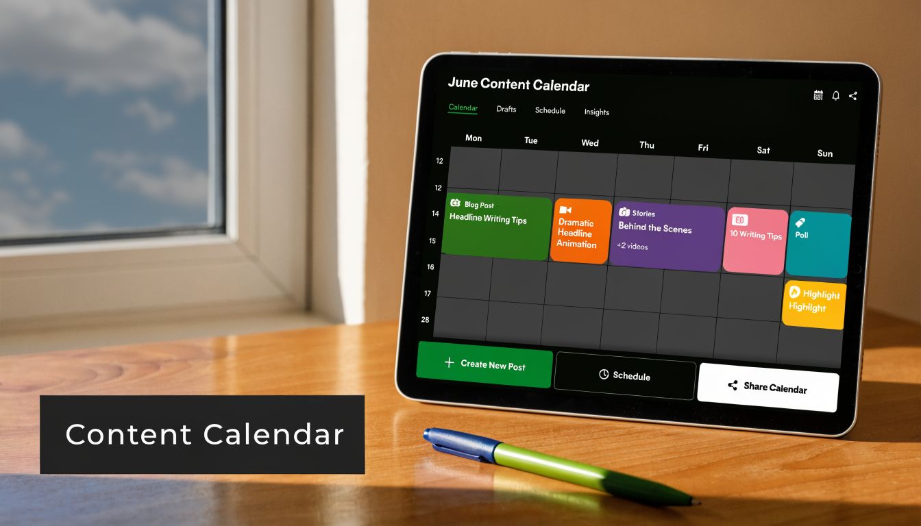 A tablet on a wooden desk displaying a June social media content calendar app screen.