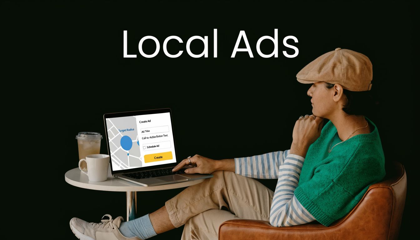 A person sitting in a chair, using a laptop to create local ads for a business.