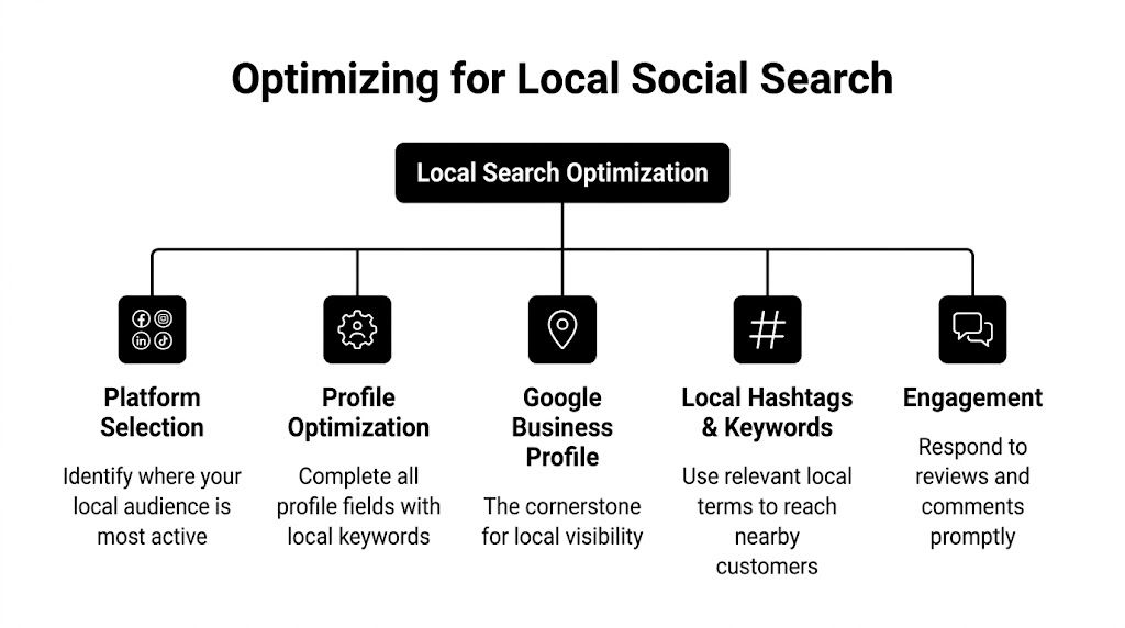 An infographic showing five key strategies for optimizing social media profiles for local search visibility.
