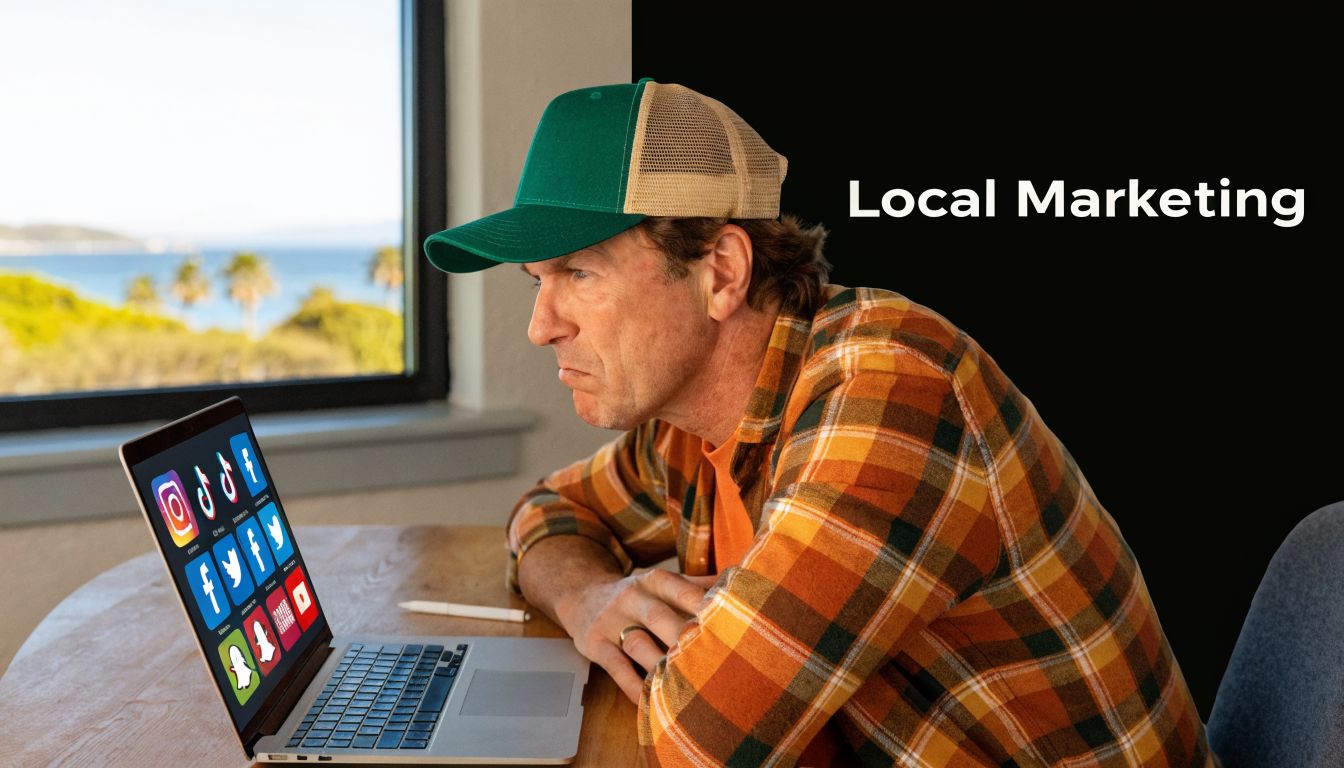 A focused man wearing a plaid shirt and cap using a laptop with social media icons visible.