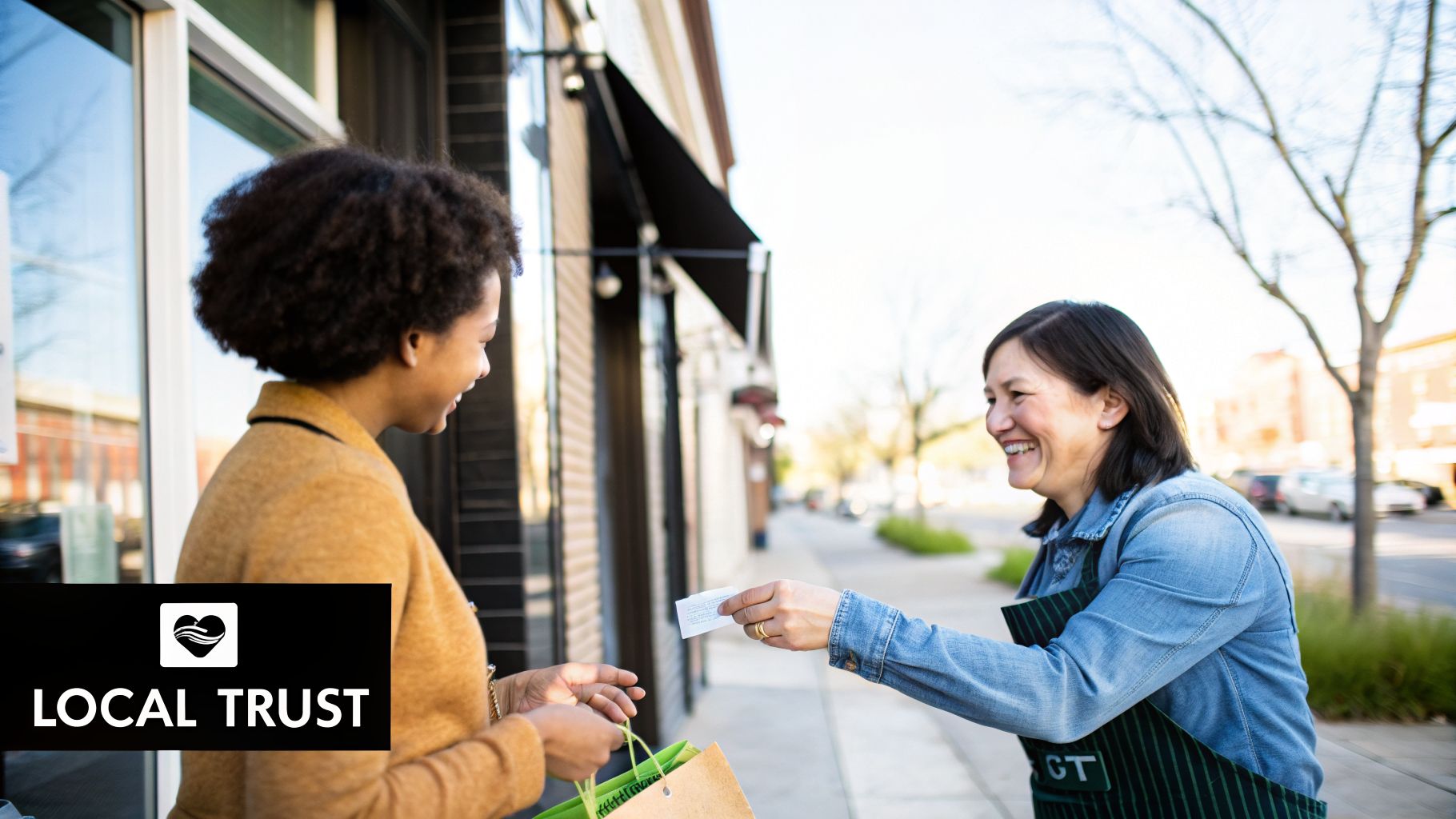 A happy customer with shopping bags receives a card from a smiling local business owner outside her shop.