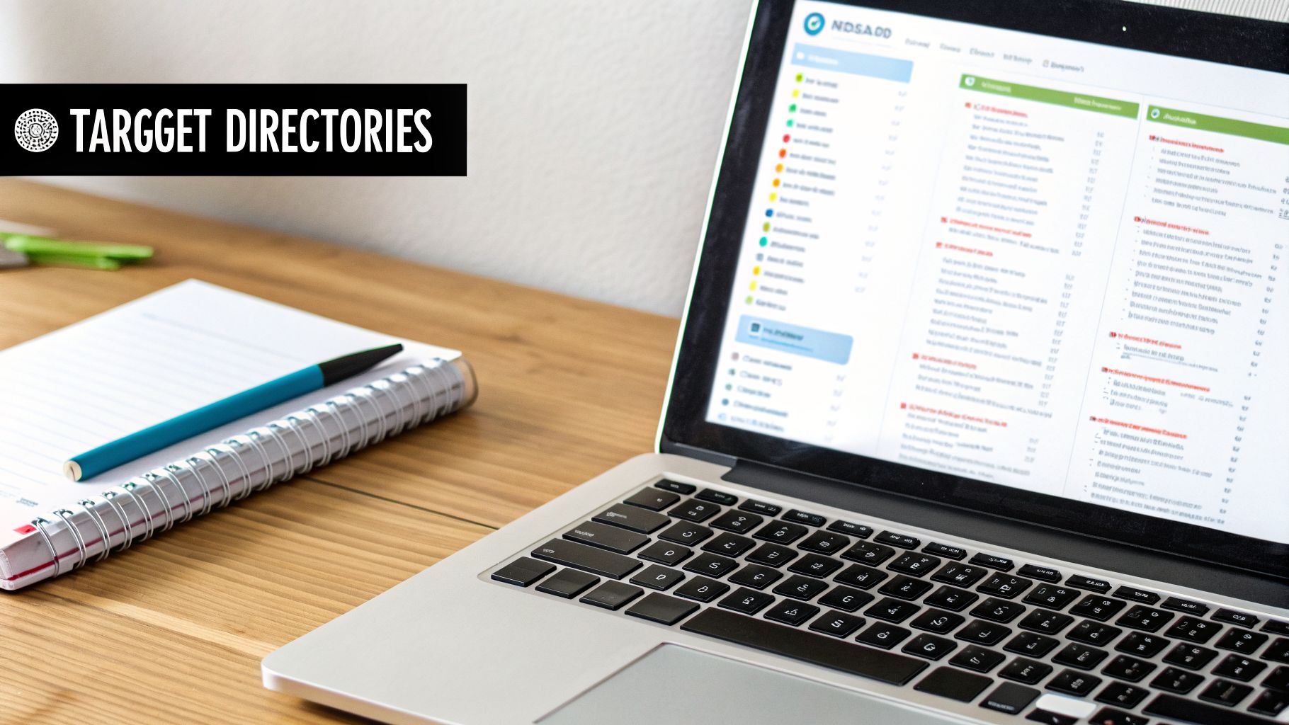 A person working on a laptop displaying online directories, with a notebook and pen on a wooden desk.