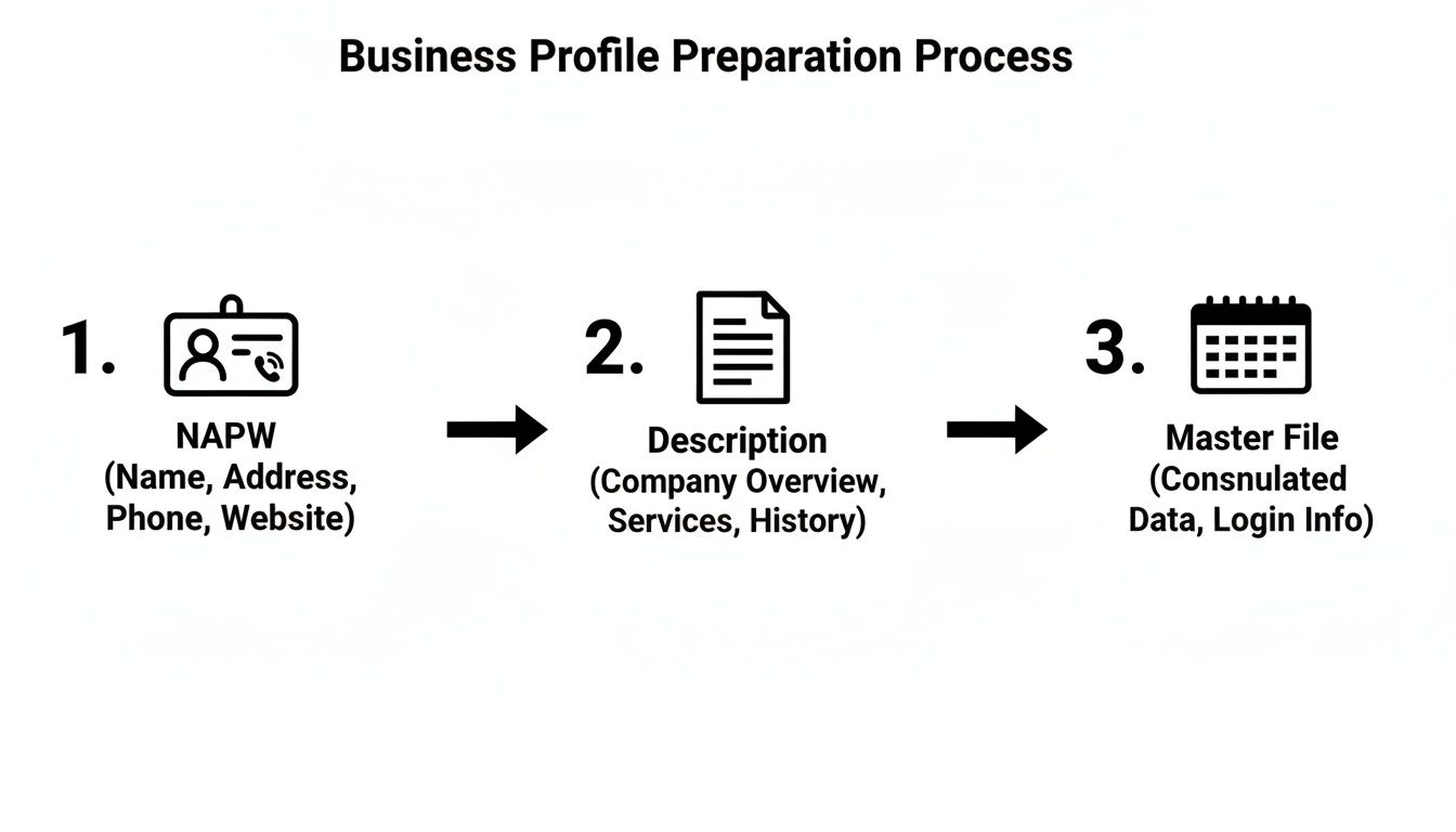 A diagram illustrating the three steps of a business profile preparation process.
