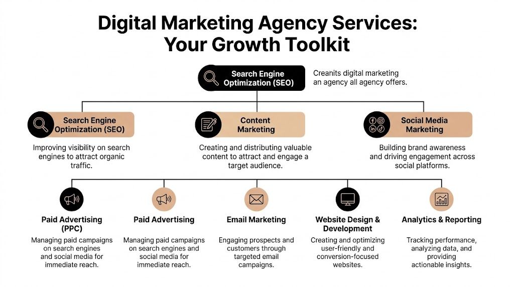 An infographic titled Digital Marketing Agency Services outlining various marketing strategies like SEO, content, and paid advertising.