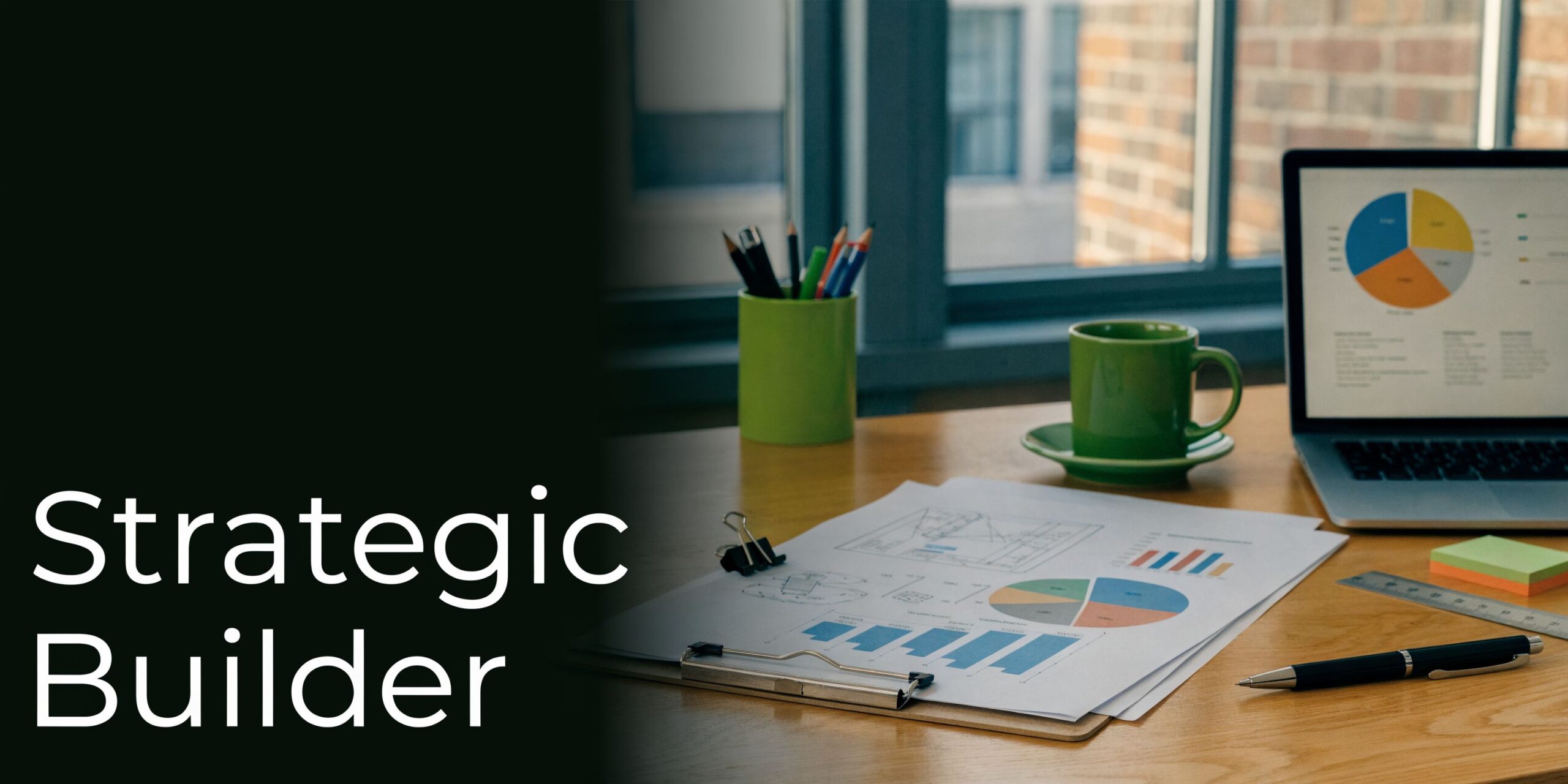A clean office workspace with a laptop displaying charts, paperwork, a pen, and stationery on a desk.