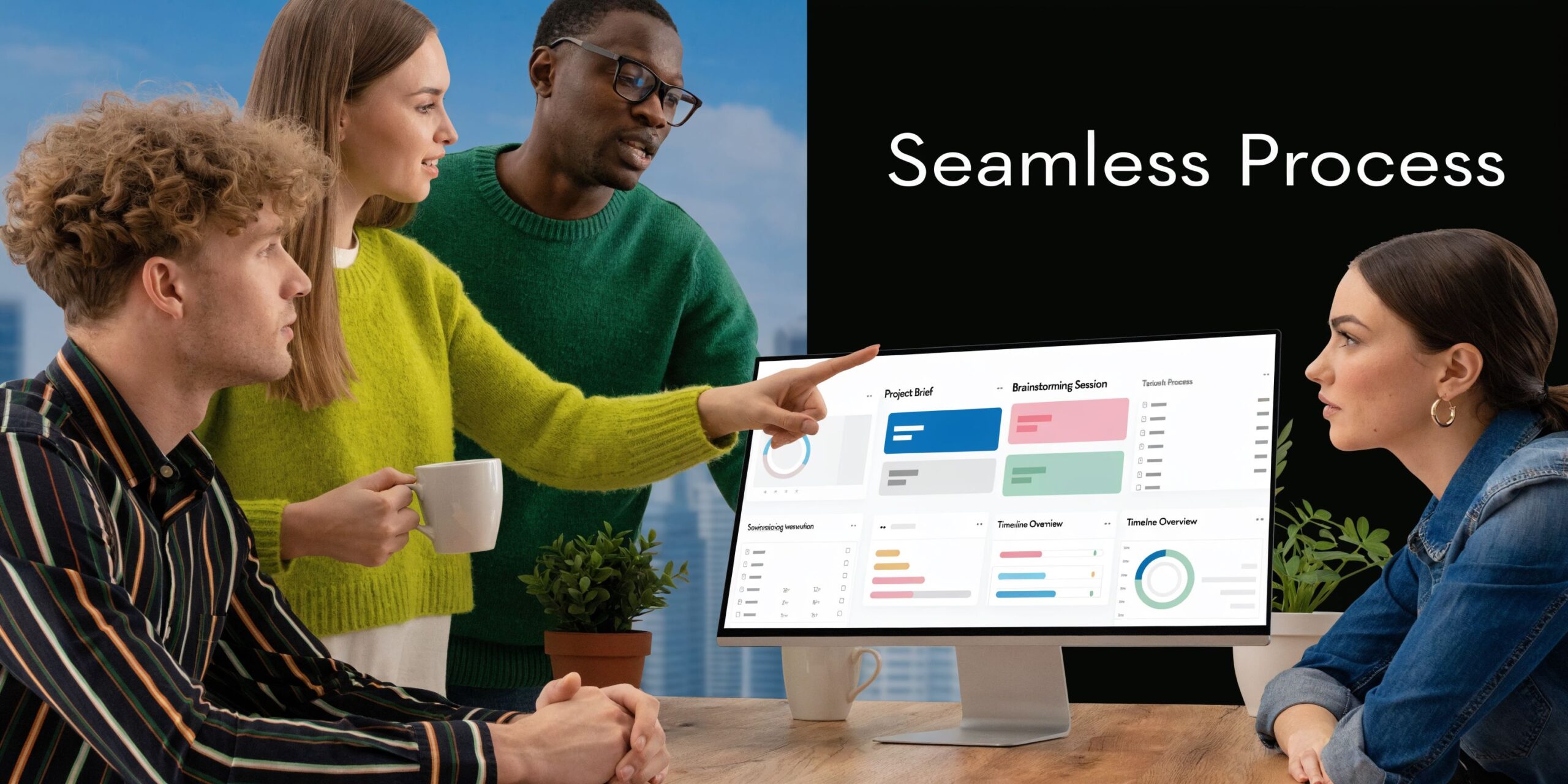 A diverse team of professionals collaborating around a computer screen displaying digital project management software charts.