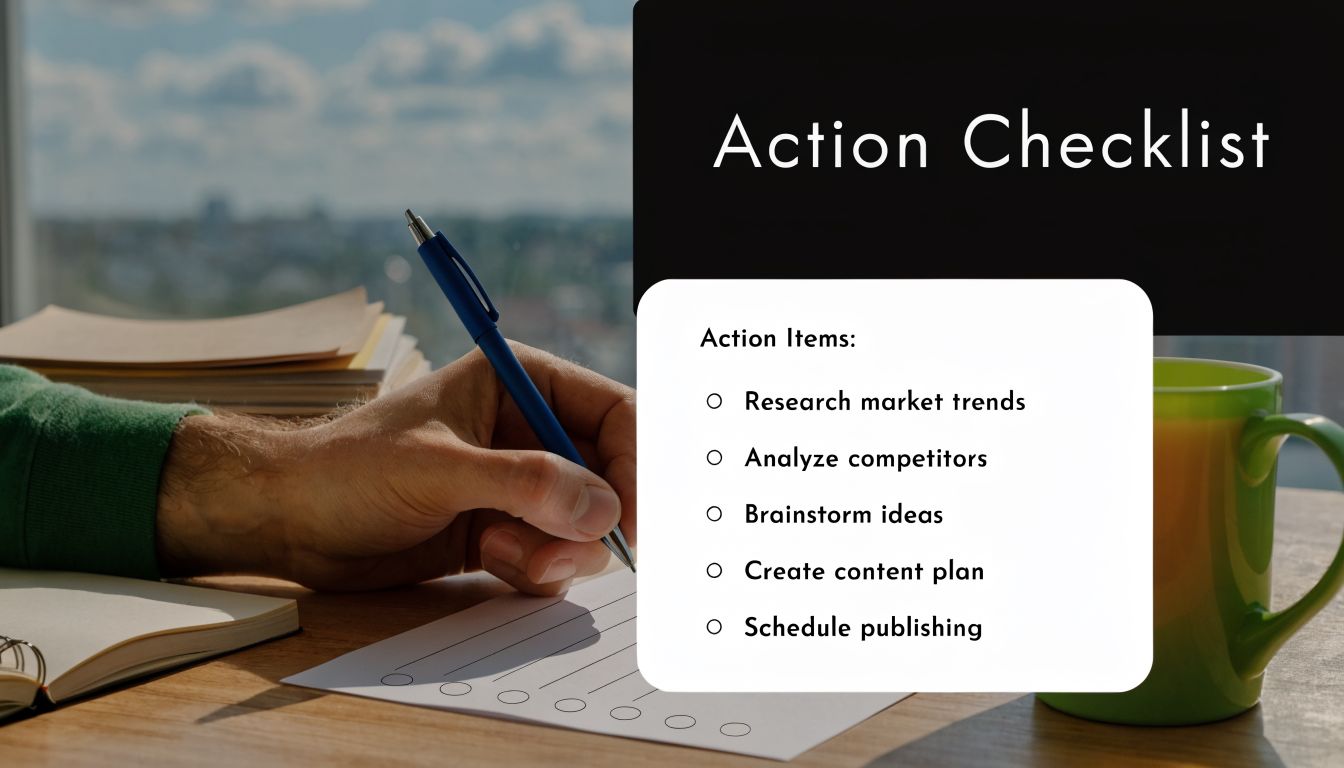 A person writing an action checklist on a paper at a desk, outlining content marketing strategy steps.