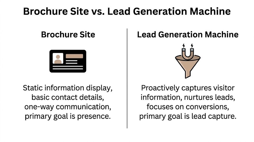 A comparison chart highlighting the key differences between a static brochure website and a dynamic lead generation machine.