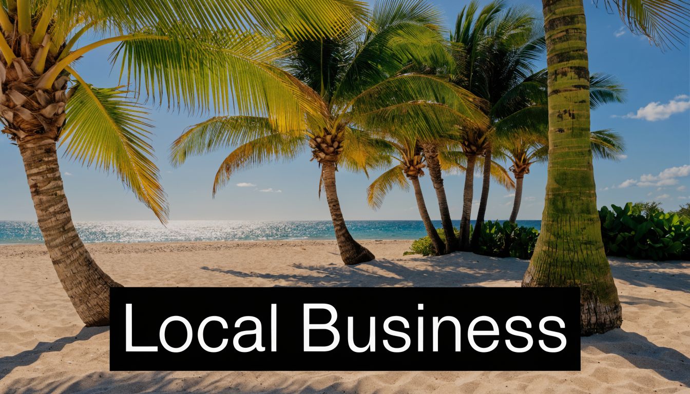 A serene tropical beach scene with lush palm trees under a clear blue sky and ocean horizon.