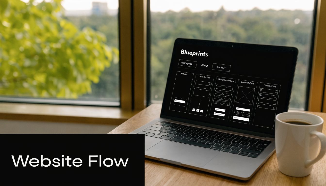 A laptop on a wooden desk displaying a website wireframe design called Blueprints with a coffee mug.