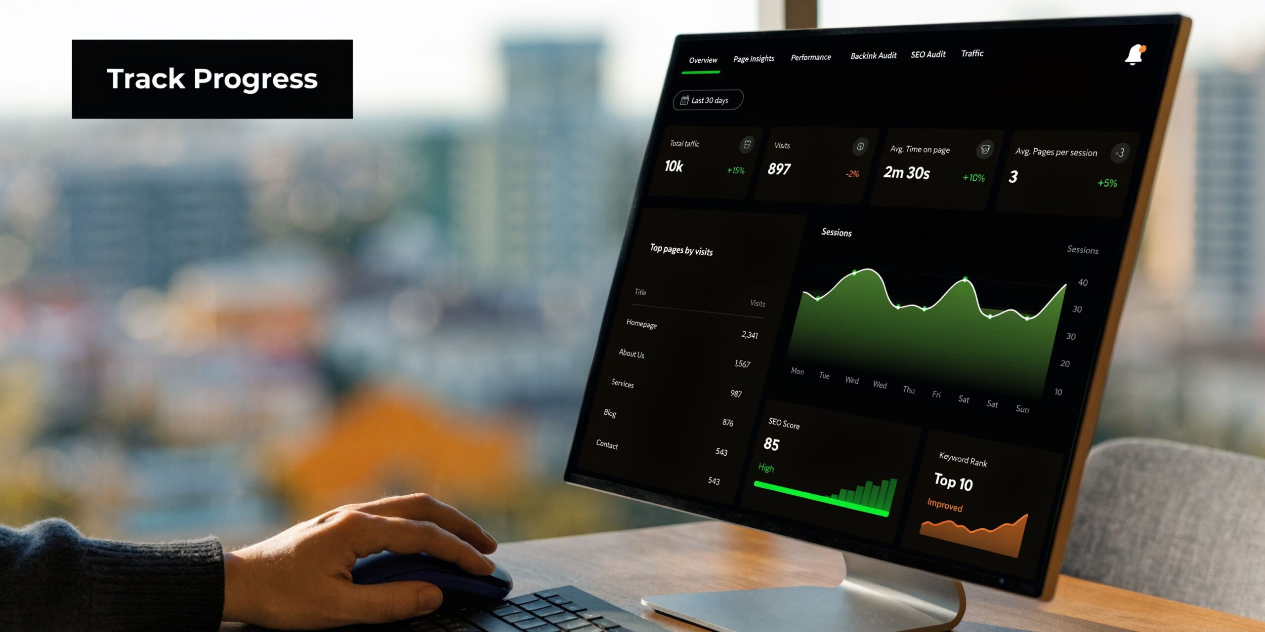 A professional analyzing website traffic analytics and SEO performance metrics on a computer monitor in an office.